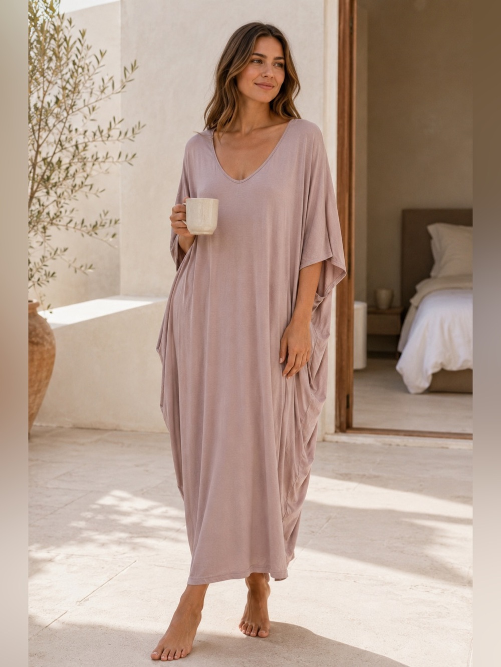Barefoot Dreams Luxe Milk Jersey Caftan Faded Rose One Size Plus Lounge Dress
